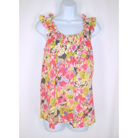 Ann Taylor LOFT Tank Top XS Floral Ruffle Lightweight Cotton Sleeveless Pink - Picture 1 of 7